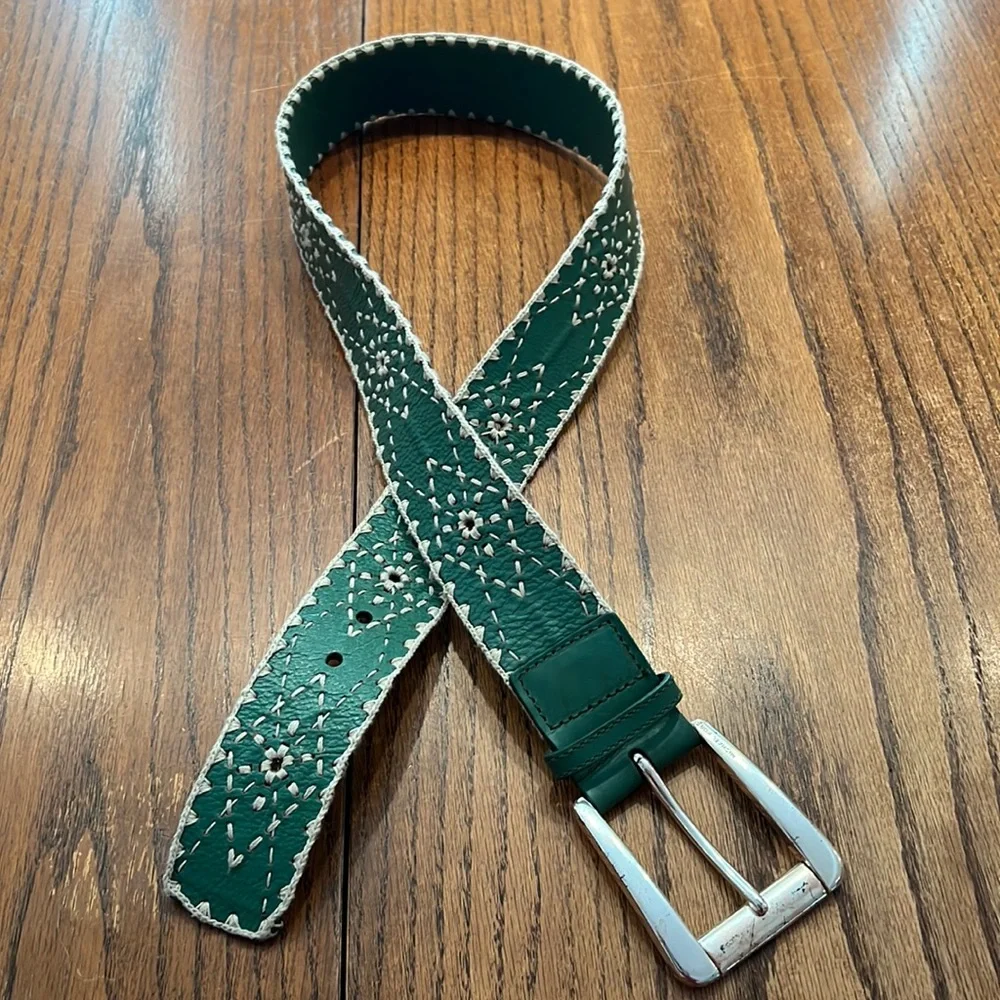 Michael By Michael Kors Blue Green Leather Belt With White Embroidery Size L